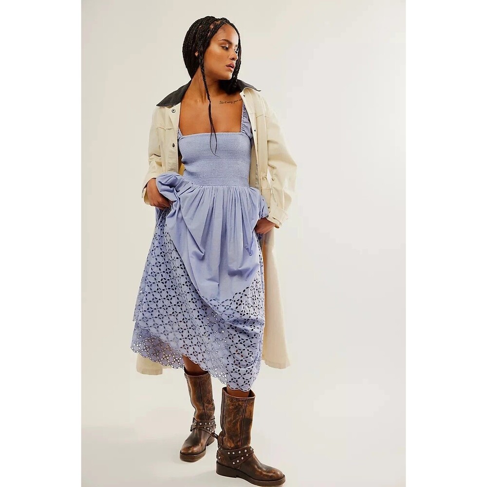 Free People Perfect Storm Midi Dress Cotton Puff Sleeve Small Imperfect NEW